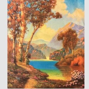 Wainright Vintage " Paradise " Print Small 8" X 7" Lake Trees Mountains